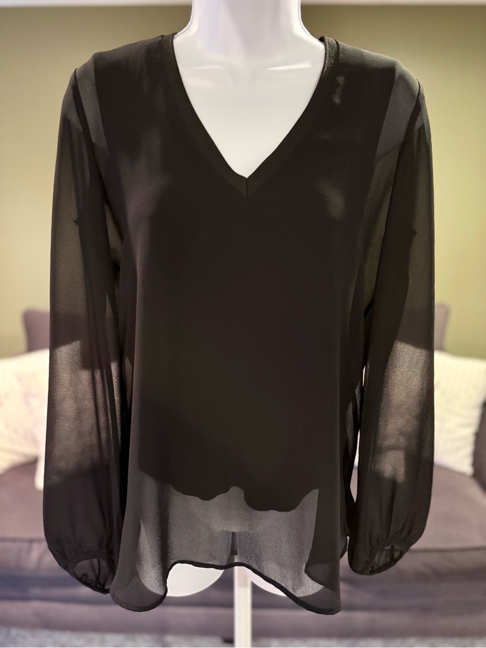 Zara Black V-Neck Sheer Long-Sleeve Blouse